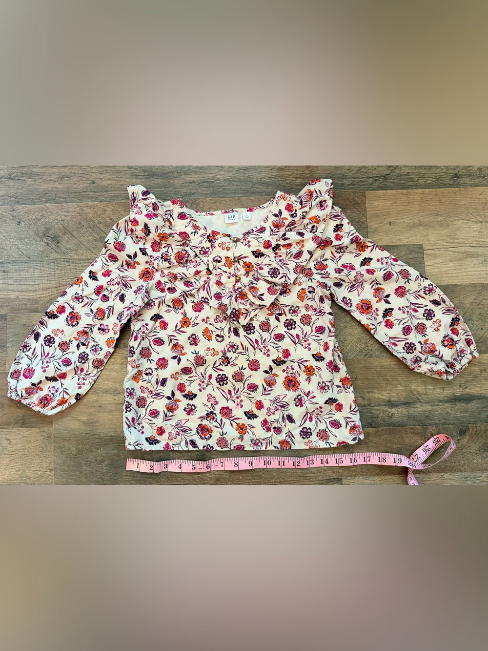 GAP Cream Long-Sleeve Floral Ruffle Top with Pink & Orange Flowers